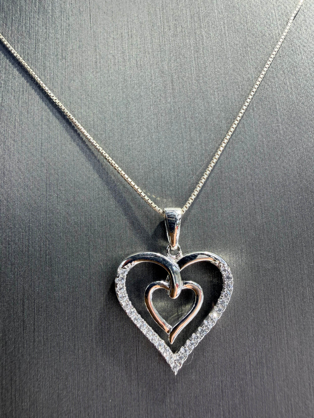 Double Heart 14K White Gold Diamond Pendant