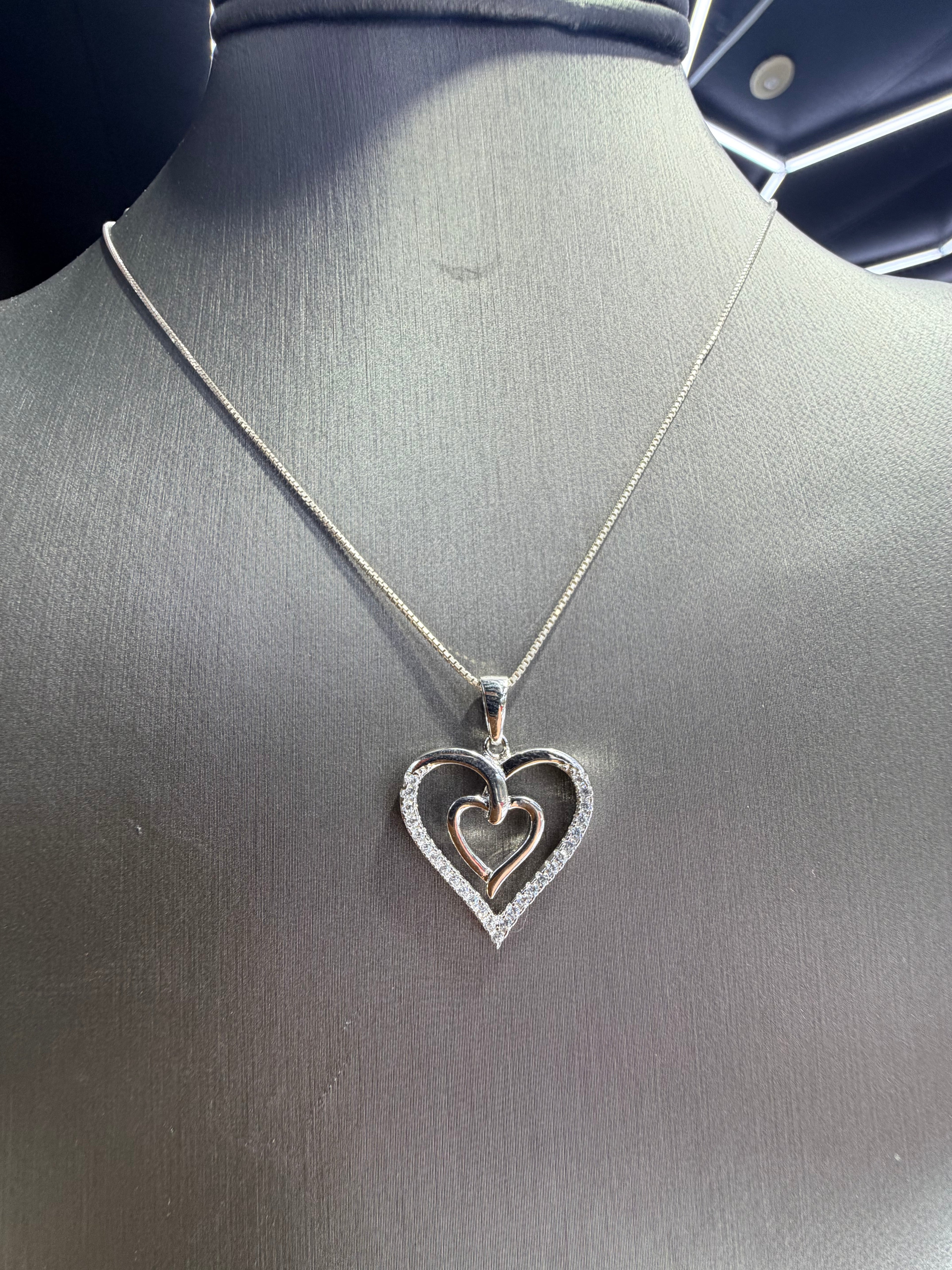 Double Heart 14K White Gold Diamond Pendant