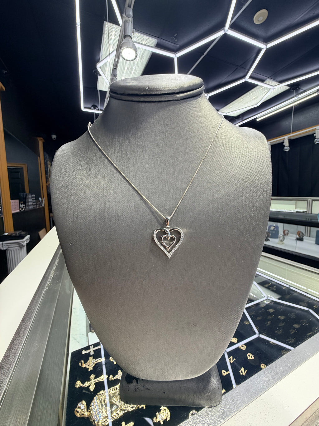 Double Heart 14K White Gold Diamond Pendant