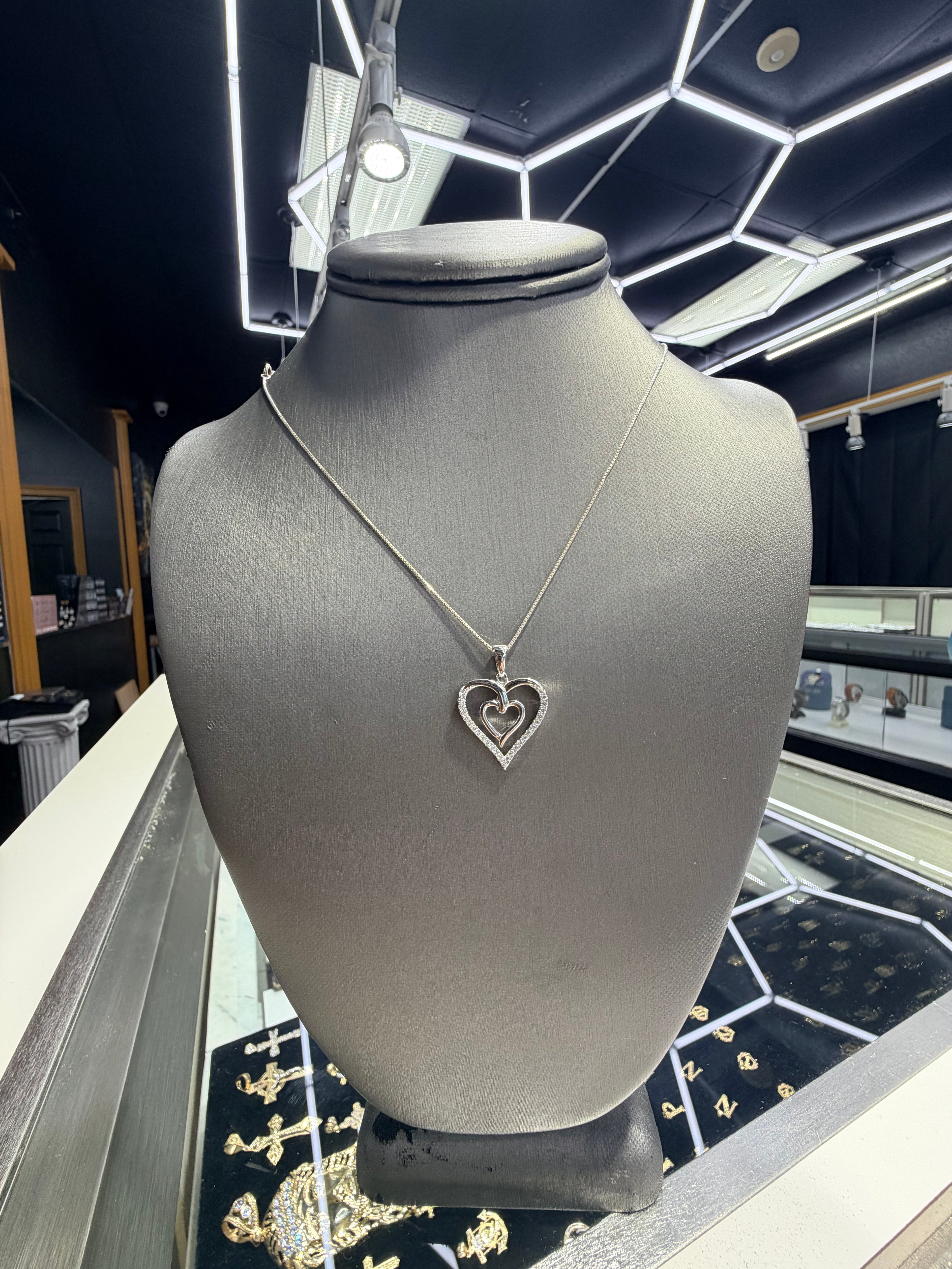 Double Heart 14K White Gold Diamond Pendant