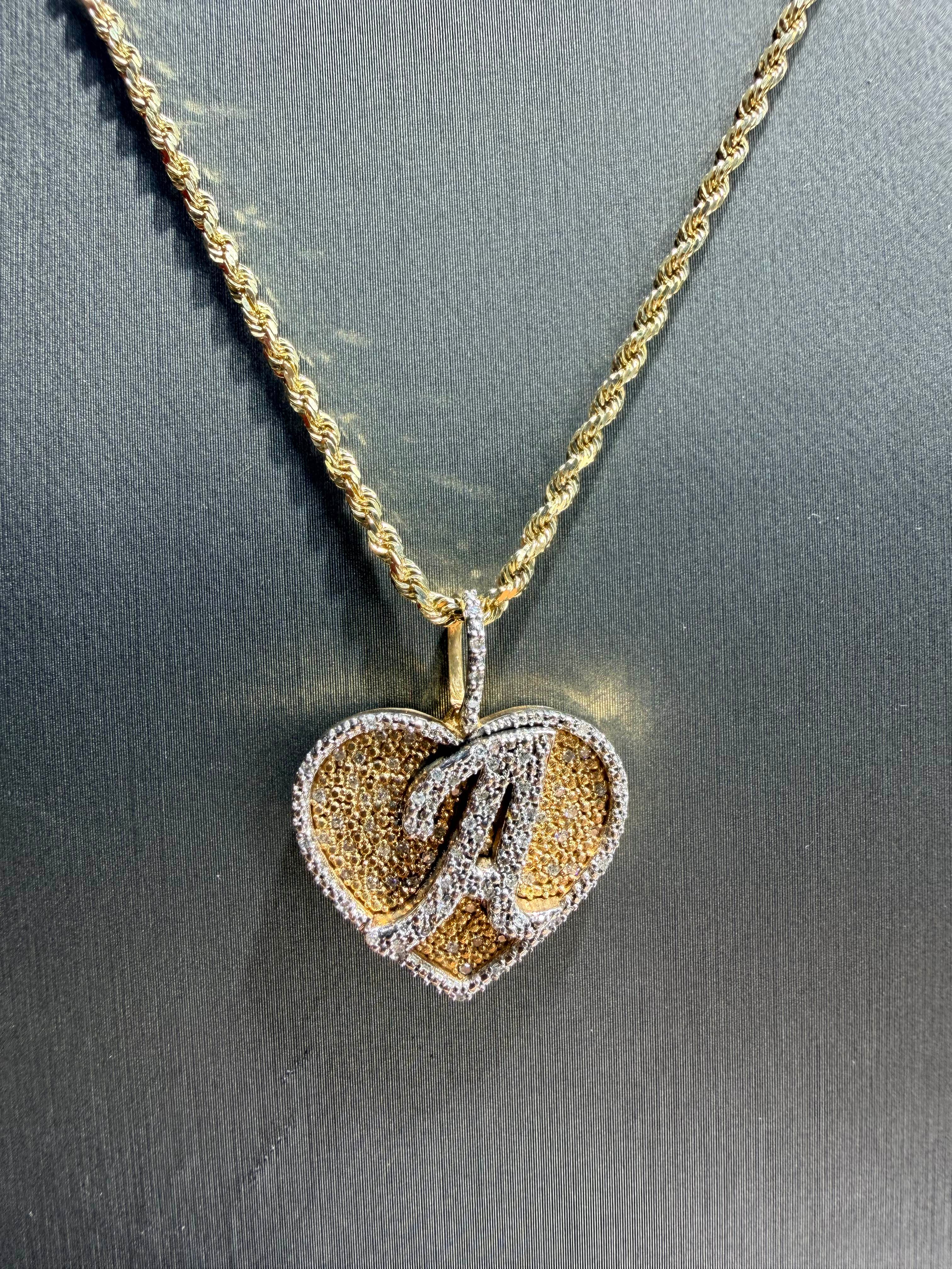 Gold and Diamonds "A" initial Heart Pendant with 10k Gold Rope Chain