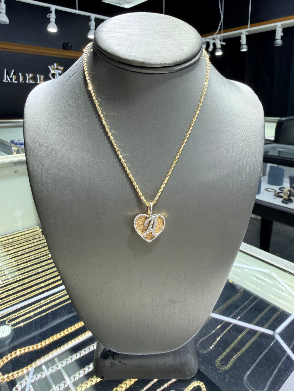 Gold and Diamonds "A" initial Heart Pendant with 10k Gold Rope Chain