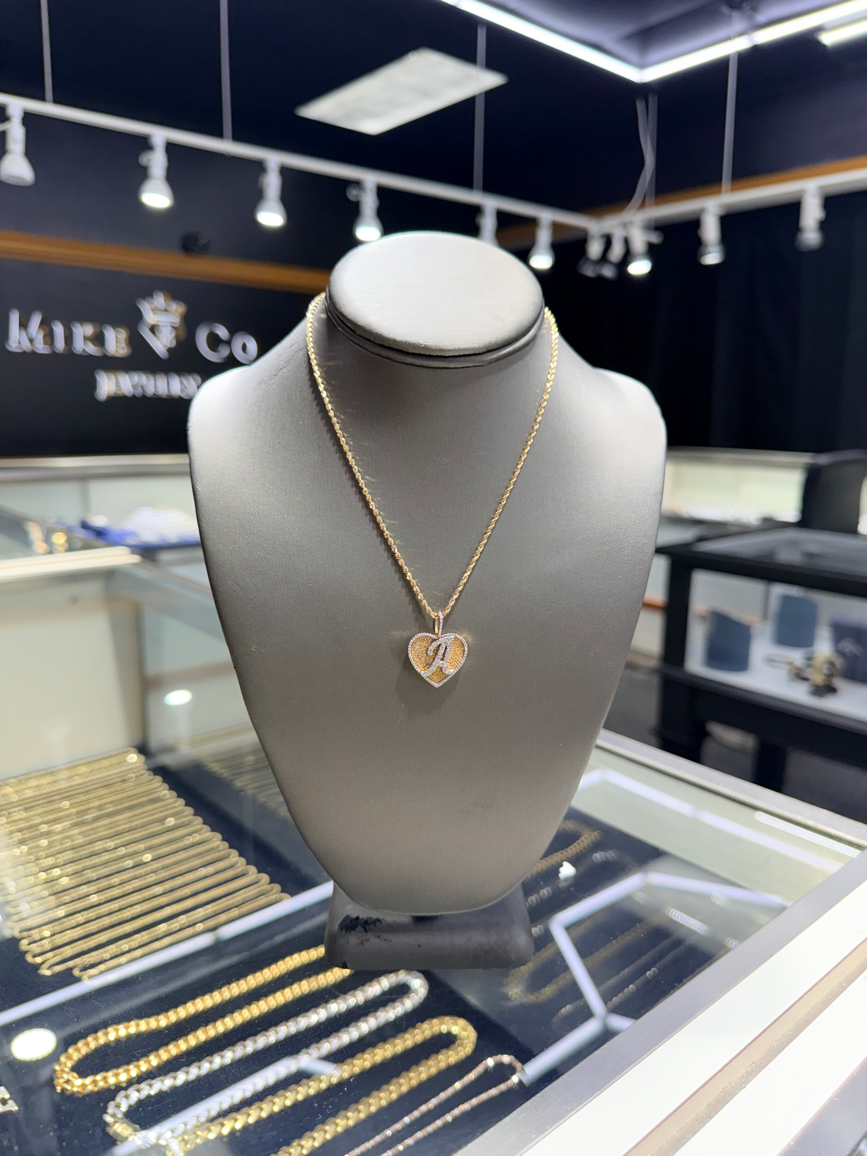 Gold and Diamonds "A" initial Heart Pendant with 10k Gold Rope Chain