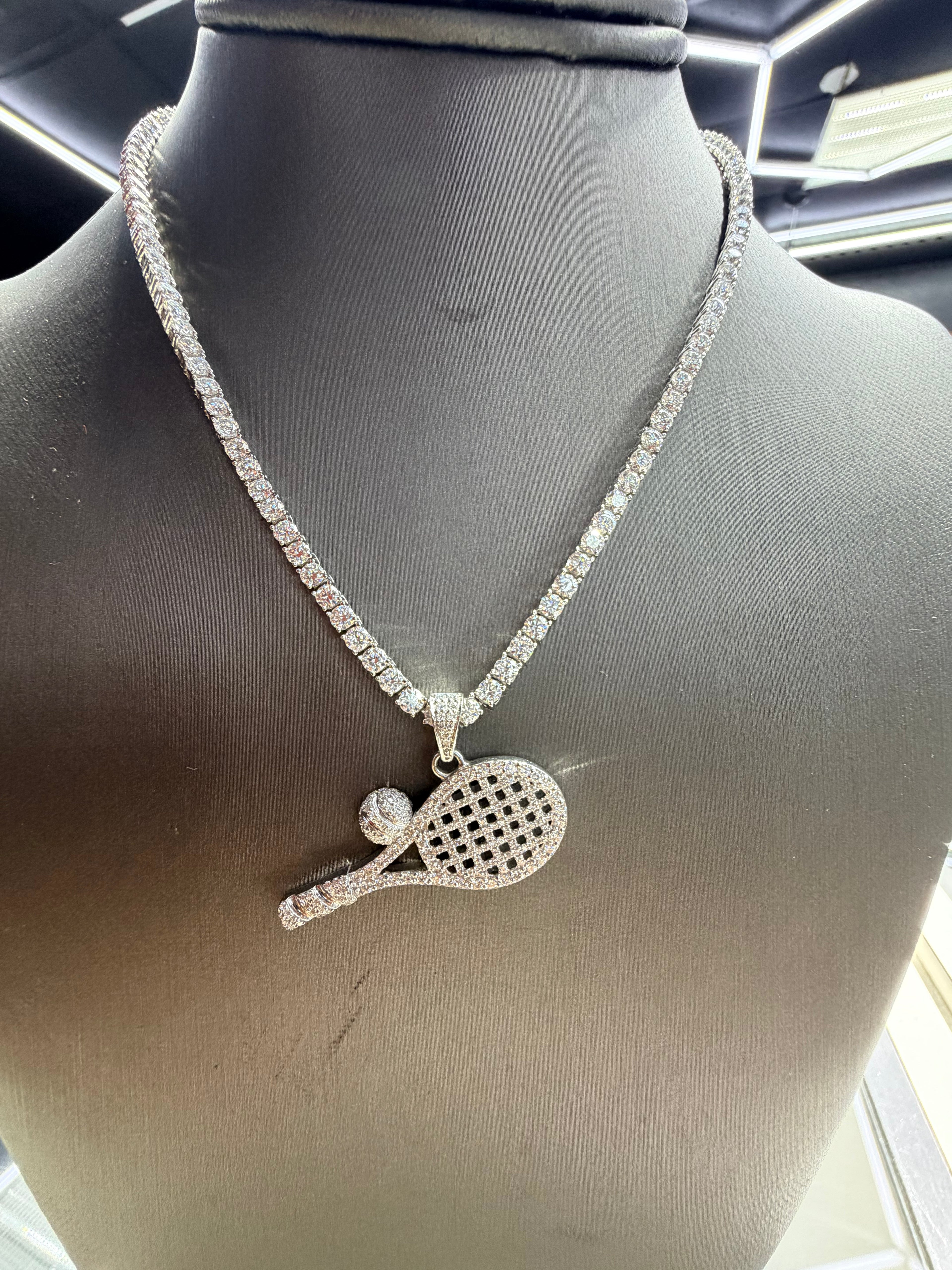 Tennis racket and Ball Silver Pendant with Tennis Chain